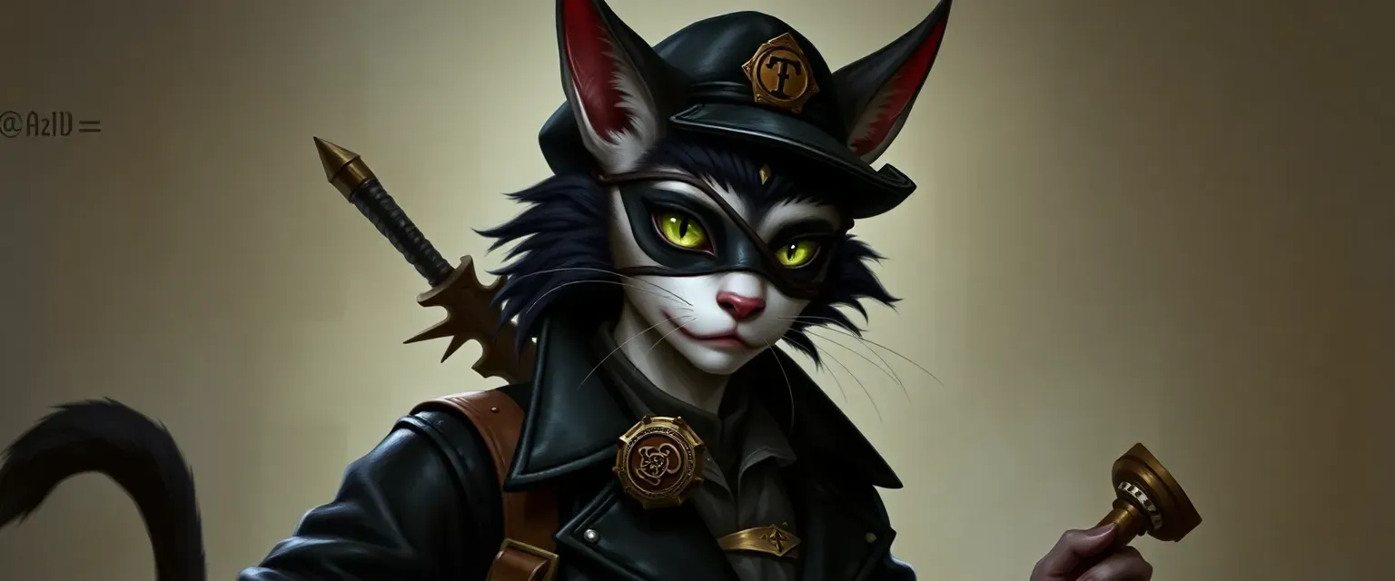 Mid-30s Tabaxi with pale skin, black cat ears, tail, and hair; wears black leather physician's coat, musketeer hat, eyepatch over one eye, piercing green cat's eye visible; carries satchel, plague mask, and lantern whip.