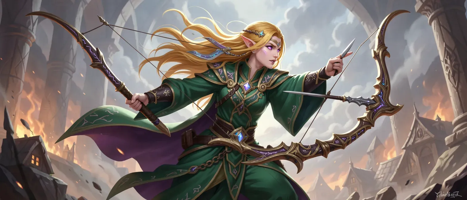 Ancient 5'2" high sun elf wizard with golden hair, violet eyes, emerald robes, longbow and dagger, draconic runes.