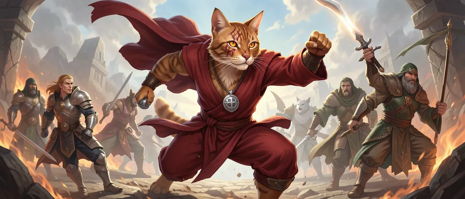A 25-year-old tabaxi monk with tawny fur, amber eyes, scarred muzzle, wearing a crimson robe with silver amulet, lithe and muscular build.