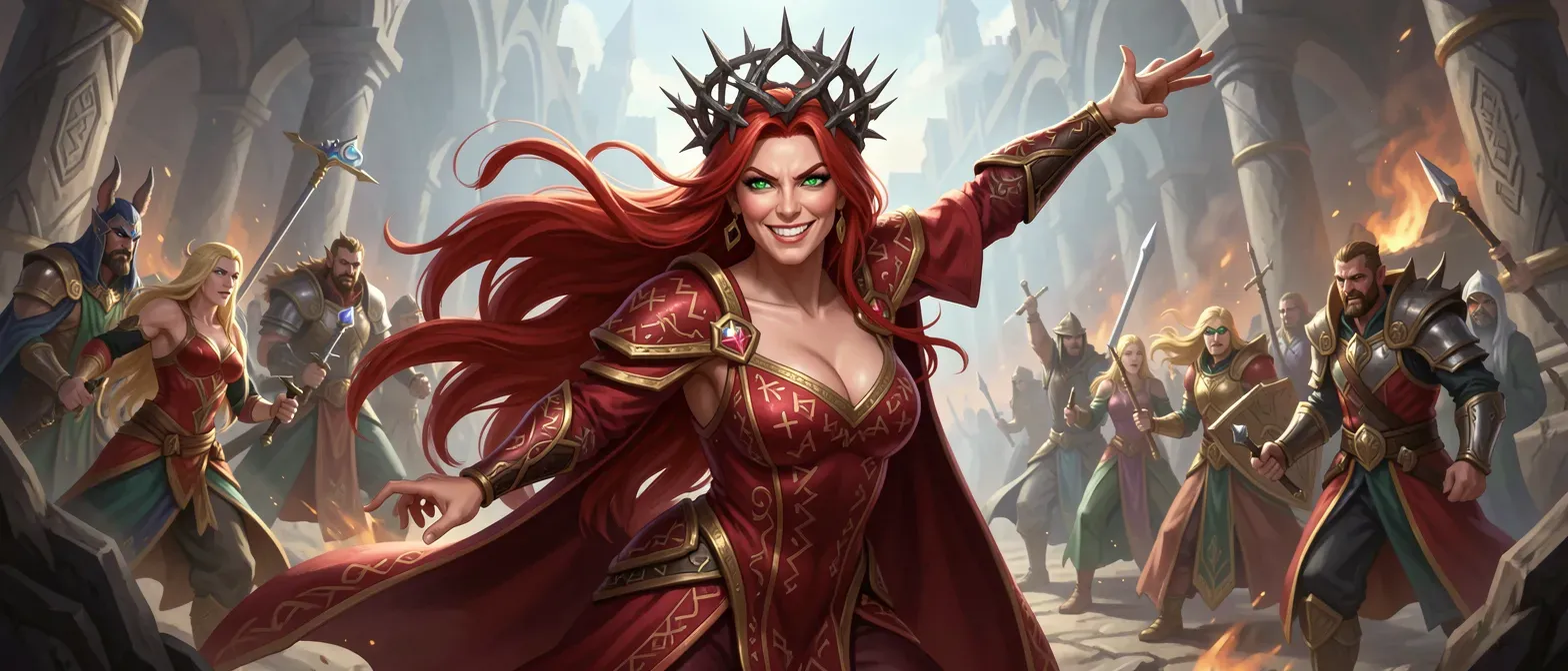 A fierce woman in her forties with long flowing red hair, sharp emerald eyes, wearing a scarlet rune-embroidered gown and thorn crown, smirking predatorily.