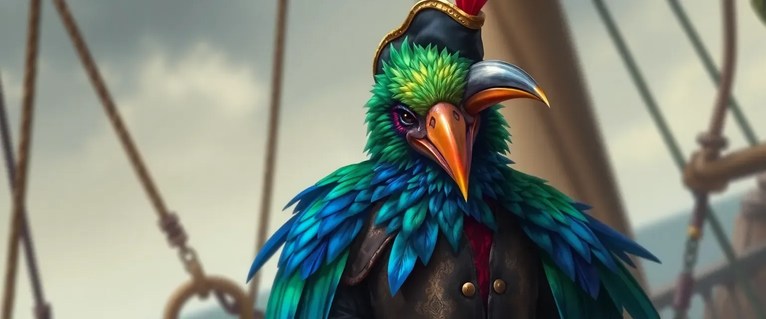 A vibrant kenku bard with iridescent green, blue, and red feathers, sharp beak, obsidian eyes, wearing a patchwork silk vest and tricorn hat, perched on a pirate ship's deck.