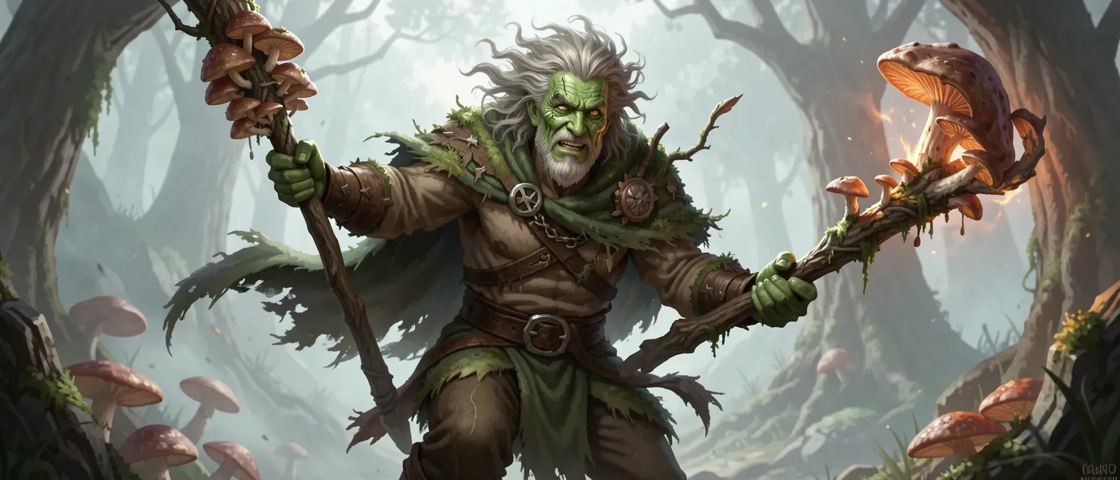 Middle-aged man with green-tinged skin, wild hair, mossy cloak, holding a fungal quarterstaff, rustic farmer-druid appearance.