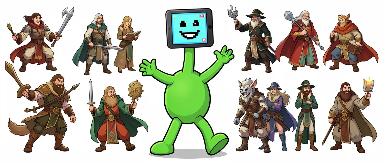 Cartoony digital figure with green sticky-hand toy body and legs ending in semi-circles, long neck to hand-held Leapfrog tablet head showing pixelated smile, cheerful and bouncy.