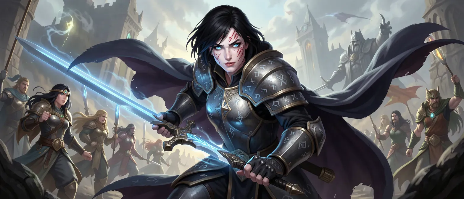 A 28-year-old woman with short black hair, piercing blue eyes, scarred pale skin, wearing rune-etched plate armor and a shadowy cloak, holding a glowing longsword.
