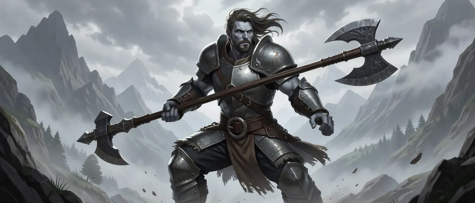 Young adult male cloud goliath ranger with ashen skin and hair, in half-plate armor holding a battle axe, misty mountain backdrop.
