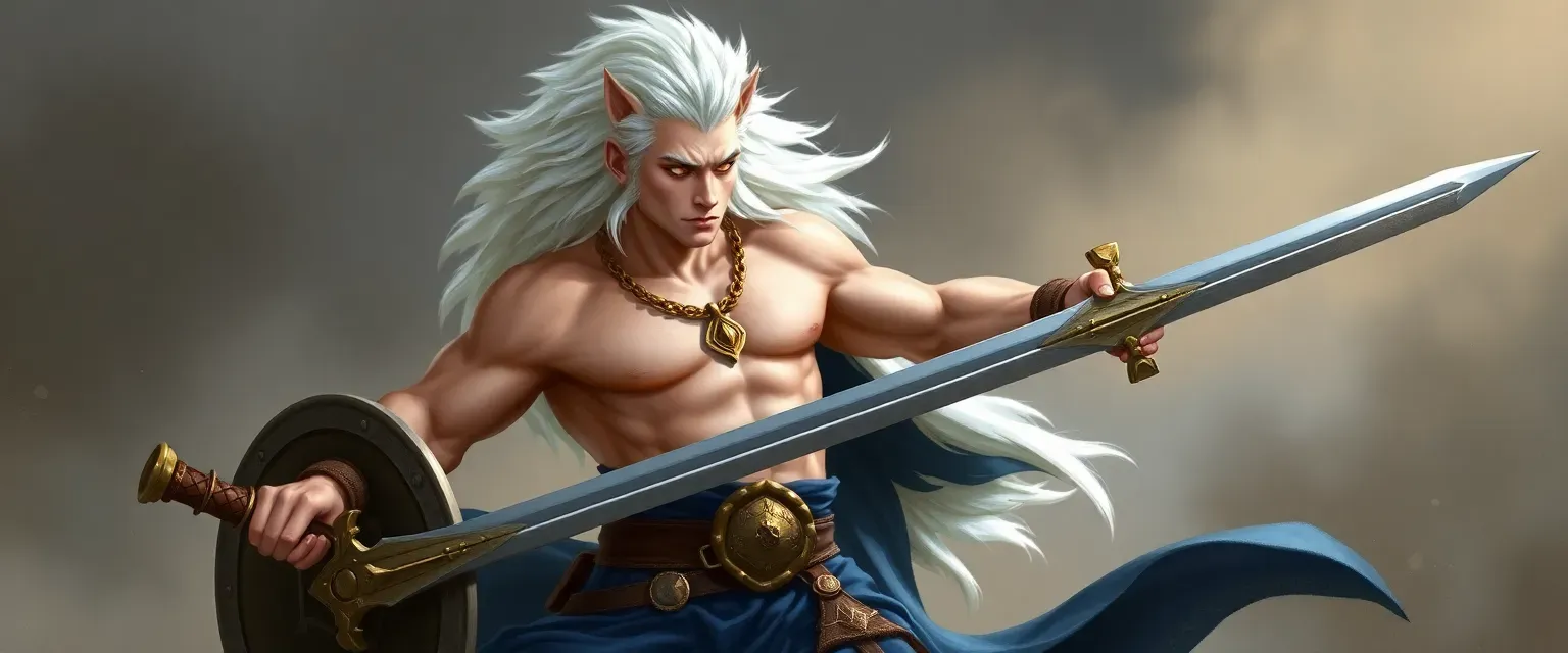 Young muscular albino leonin paladin with white fur, white mane, golden eyes; bare-chested in dark blue kilt with gold accents, golden torc necklace, curved sword and shield.