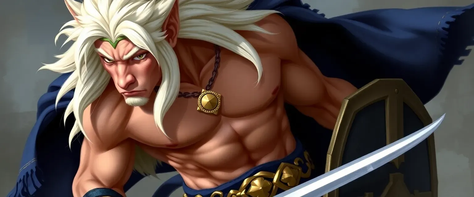 Young muscular leonin male with white fur, white mane, golden eyes; bare-chested in dark blue kilt with gold markings, gold belt, golden torc necklace; holds curved sword and shield.