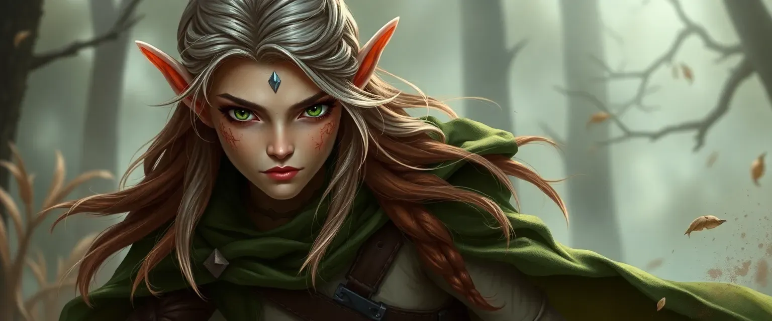 Lithe wood elf woman, mid-150s, pale birch skin with silver-streaked chestnut hair, emerald eyes, wearing patched green cloak and leather breeches, scarred and cunning expression.