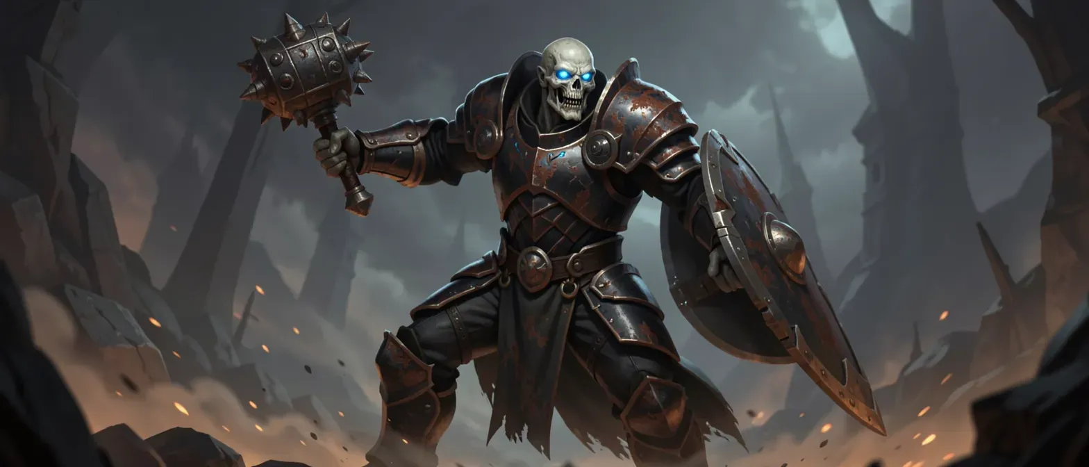 Ancient undead paladin in rusted black armor with glowing blue eyes, wielding mace and shield, skeletal and stoic.