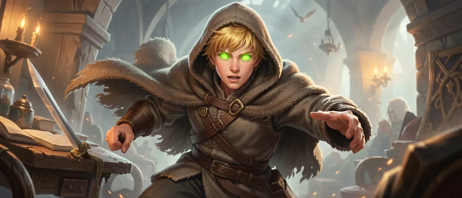 17-year-old boy with glowing lime-green eyes, golden blonde hair, wearing a hooded woolen tunic and cloak.