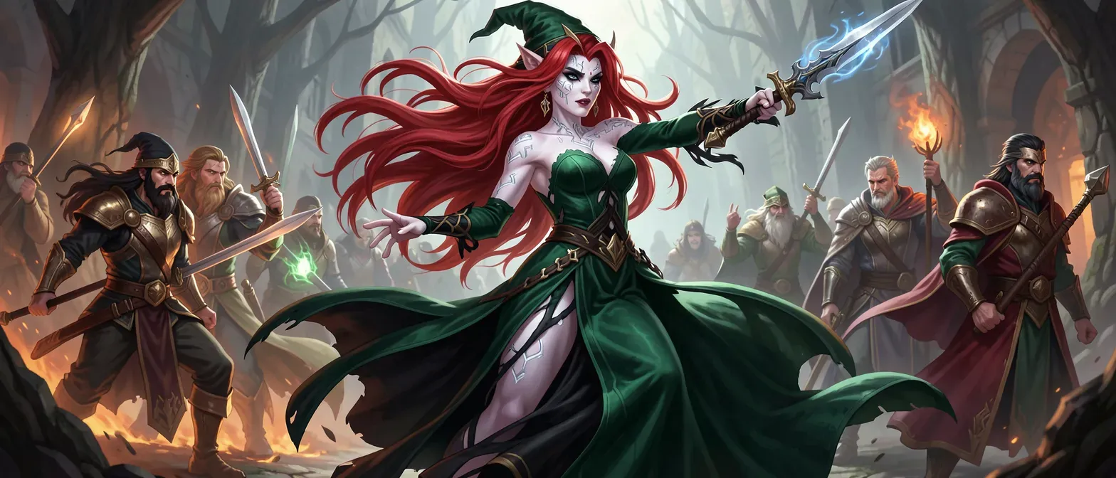 A 38-year-old witch queen with long, wild red hair cascading to her waist, pale skin etched with silver runes, sharp obsidian eyes, wearing an emerald velvet gown slashed with black silk, exuding predatory elegance.