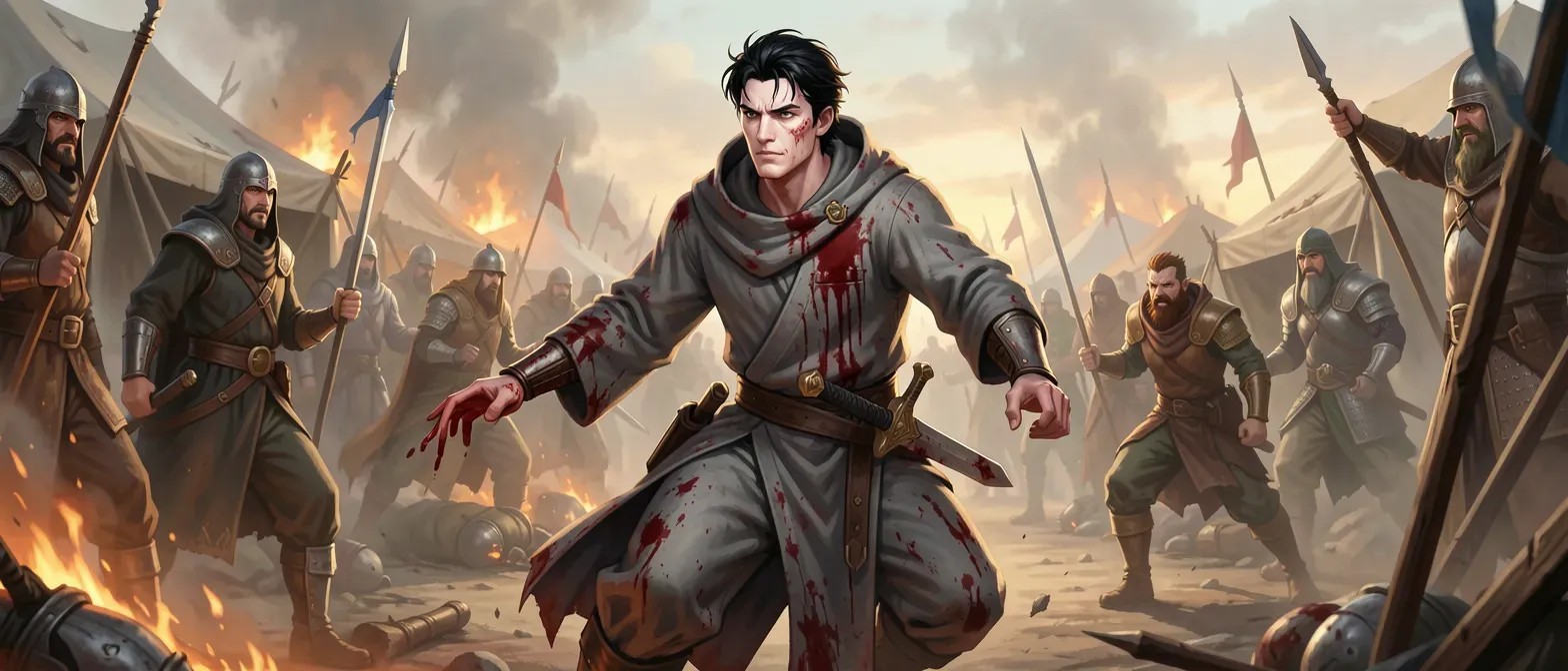 A 25-year-old lean man with pale skin, black hair, sharp features, wearing blood-stained gray monk robes and carrying a short sword in a war-torn camp.