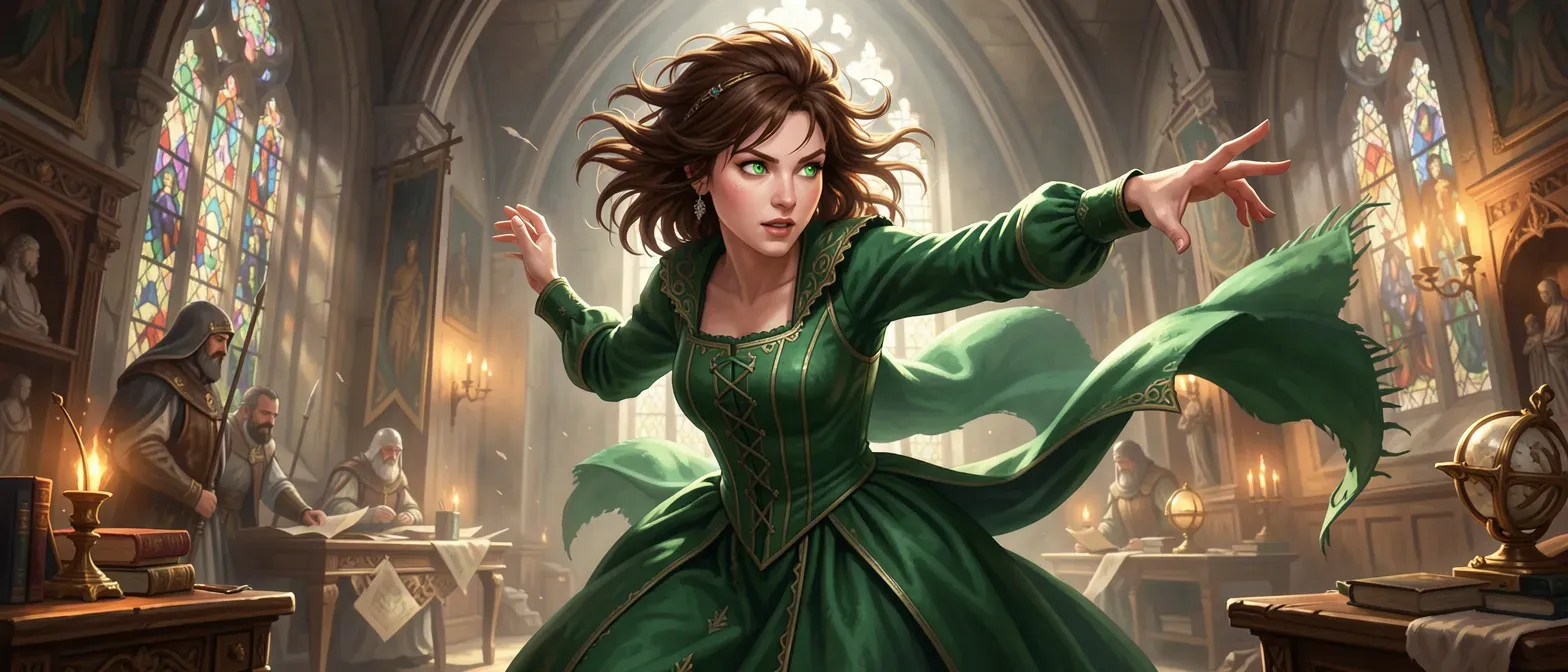 Young noblewoman with messy brown hair, piercing green eyes, fair skin, in emerald Tudor gown.