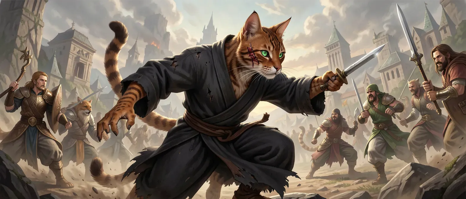 A 25-year-old tabaxi monk with russet-striped fur, emerald eyes, scarred cheek, wearing blackened linen robes, lithe and predatory build.