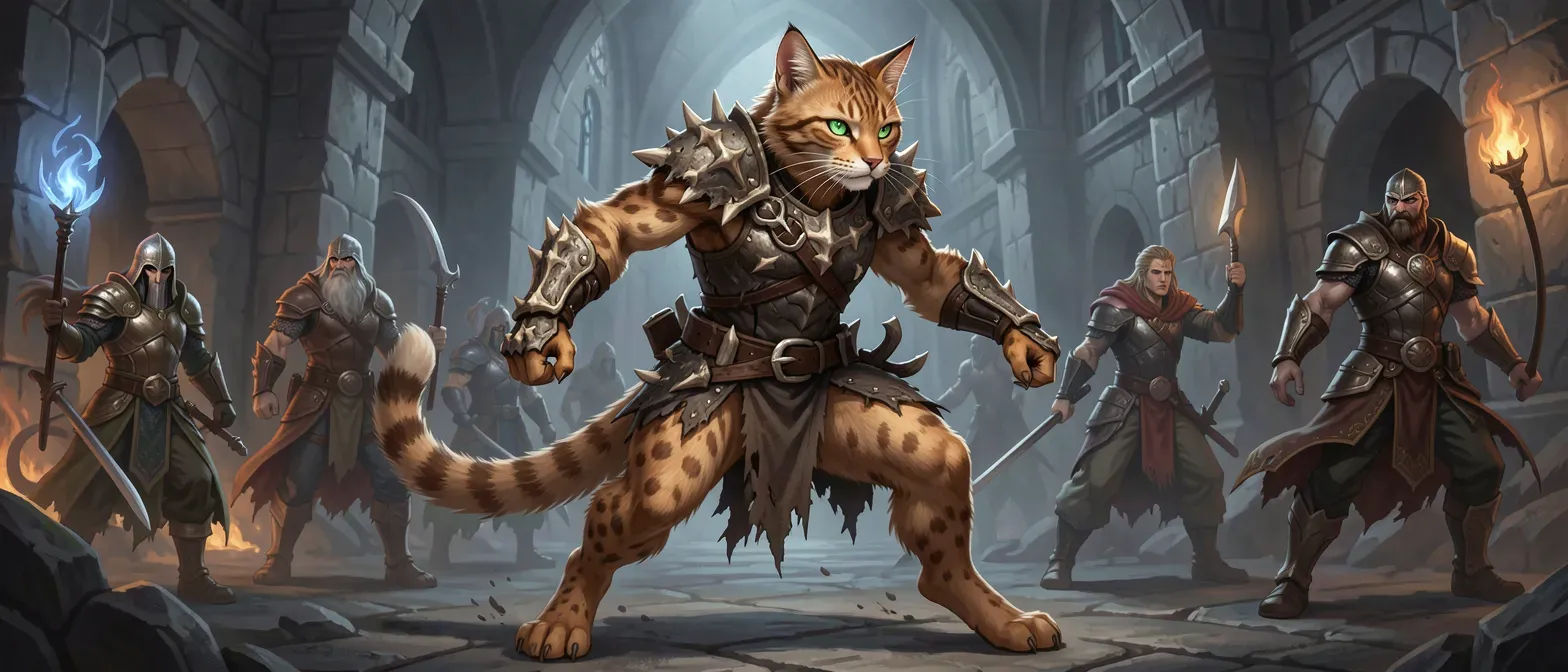 Lean 25-year-old tabaxi with tawny spotted fur, emerald eyes, clad in ragged bone-plated leathers, sickle at belt, tail lashing, predatory stance in a grim fortress.