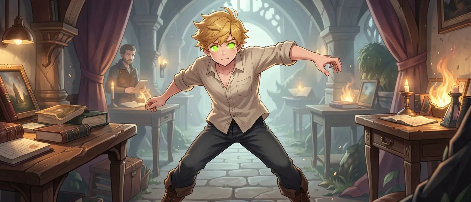 17-year-old boy with golden blonde hair, glowing lime-green irises, shy expression, wearing plain linen shirt and boots.