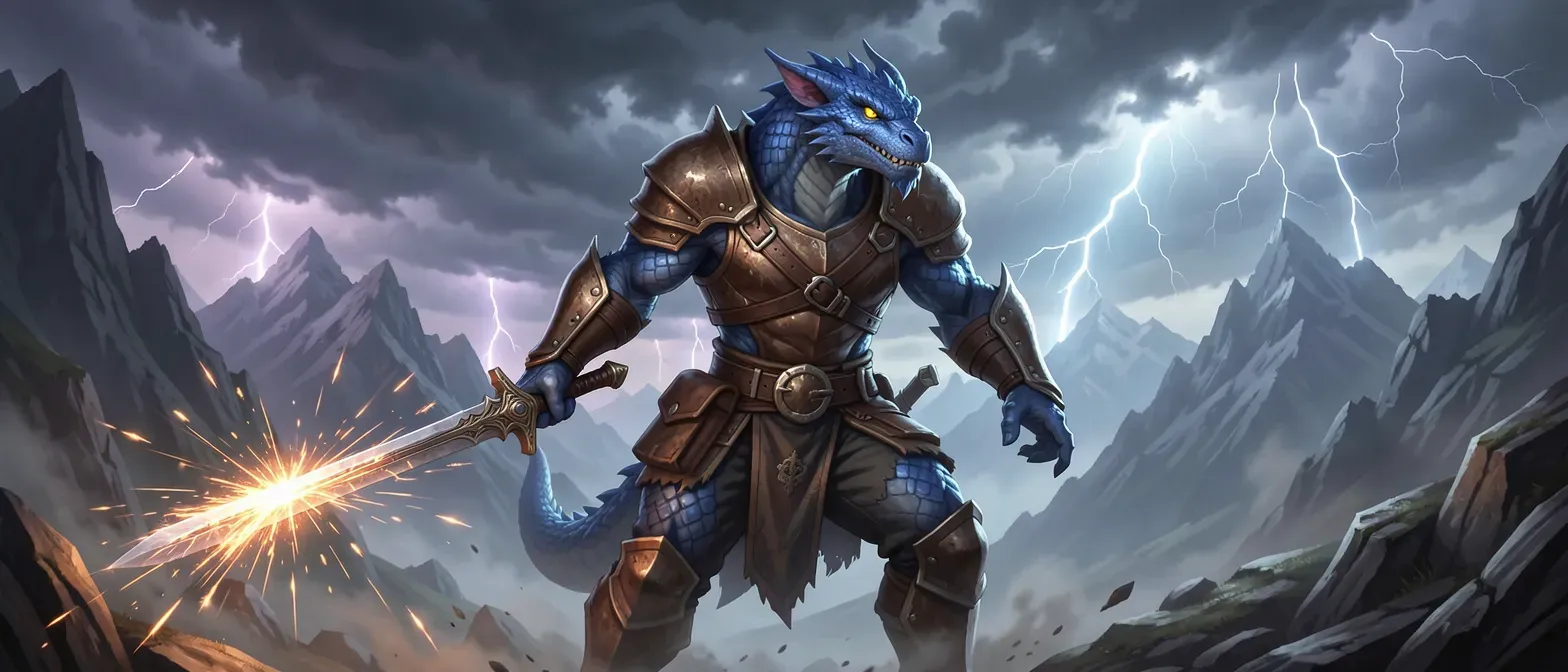 Towering blue-scaled dragonborn warrior with yellow eyes, leather armor, sparking longsword, standing amid stormy mountains.