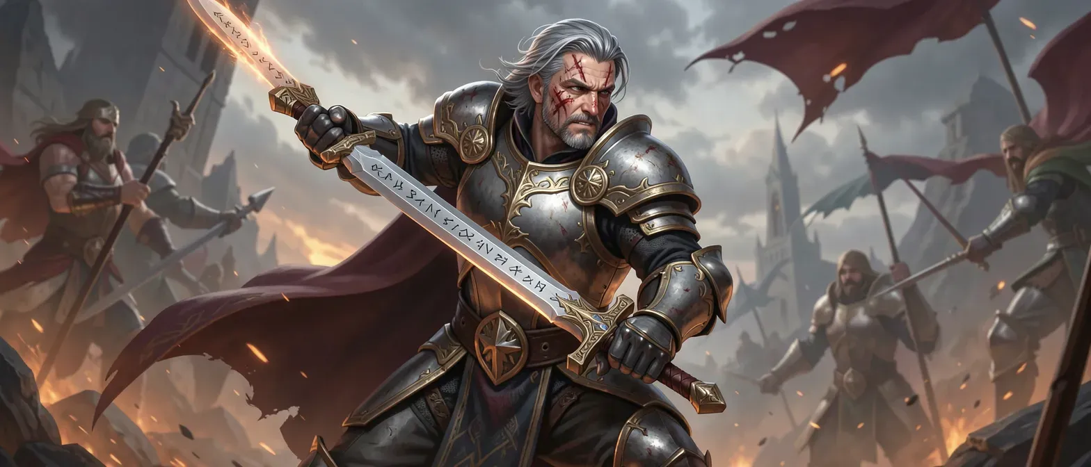 Tall armored paladin with scarred face, gray eyes, and silver-streaked hair, holding a rune-etched sword.