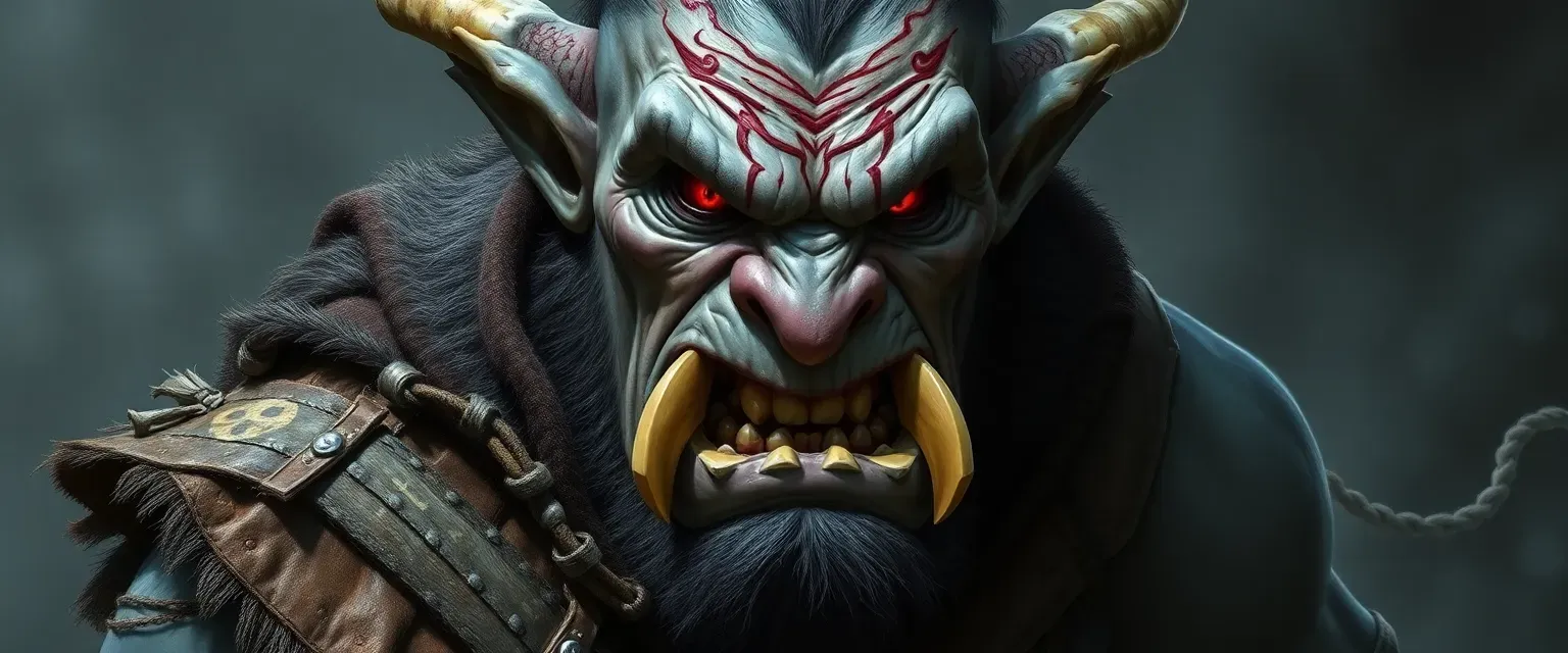 Middle-aged orc with grey skin, crimson red eyes, scarred muscular build, wearing tattered worg-hide cloak and rusted chainmail, tusks protruding from clenched jaw.