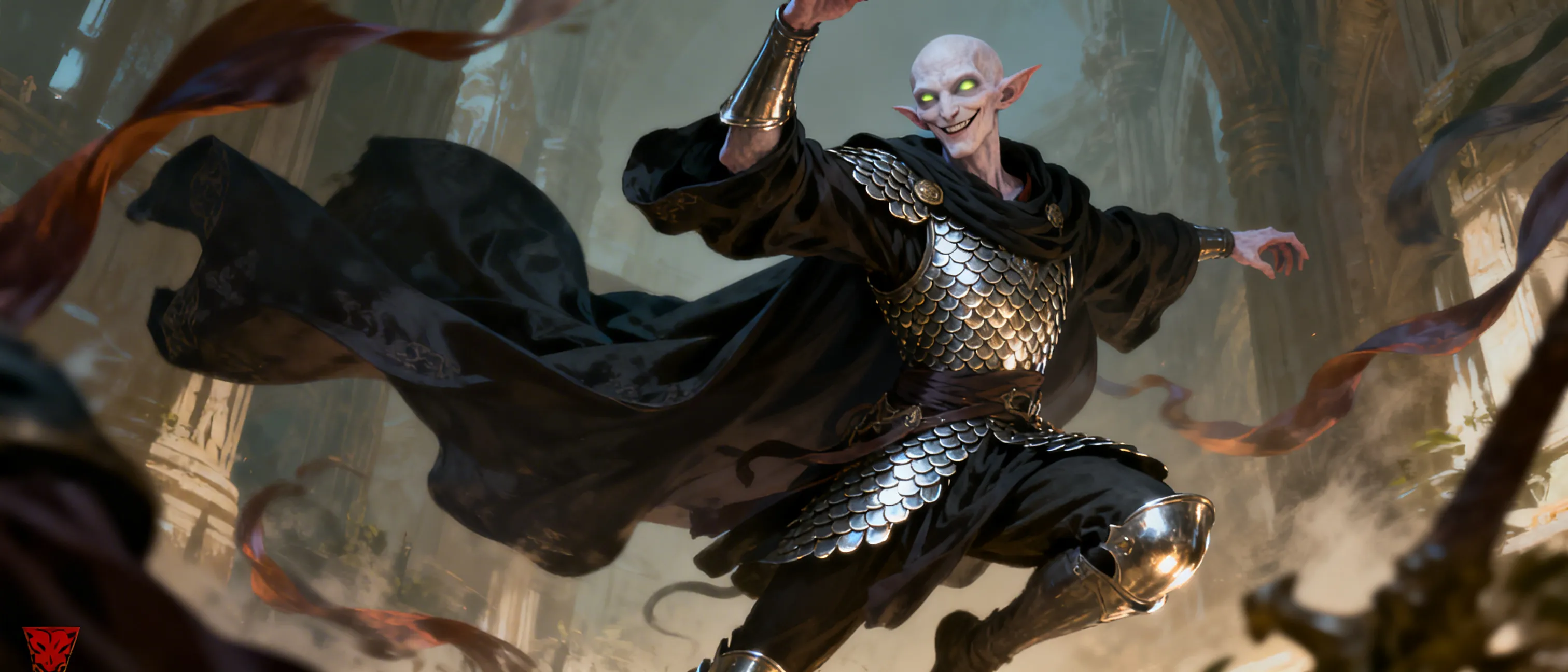 Nyxara, hexblood cleric and charlatan. scale mail, mace, light crossbow. 