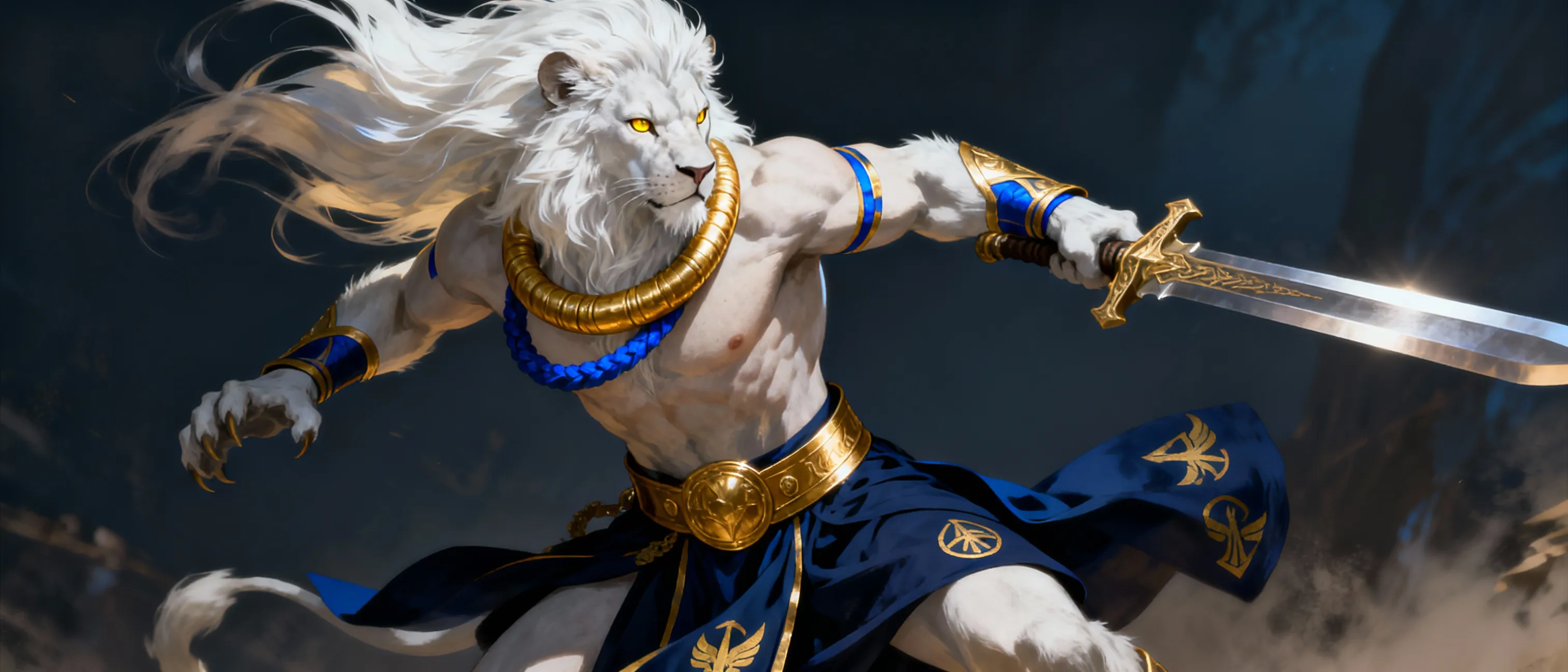 Alexandros who is a young male lion who has white fur and has a white mane and has golden eyes and is muscular and has soft fur and his clothing colors are blue and gold and Around his neck is a golden torc-style necklace and It is thick, rigid, and decorated with geometric shapes around his neck and he is a paladin who serves under the oath of devotion and he wears a dark blue kilt with gold markings and has a polished gold belt and is Bare-chested, only wearing golden torc-style necklace
and his personality is Noble and compassionate and loyal to his friends and He is a protector and who often acts as a mentor but is stubborn at times and he is gay and was born as an albino a stigma among his people described as "white as death," and so spent much of his youth as an outcast and is very poor and has a curved sword and a shied and As Alexandros has a love interest who is named lionheart who is a very old lion male and a paladin captain who is a very large and very muscular and powerful and rich  with a huge mane and he wears a sleeveless, pearl-gold chestplate over a bare chest and paired with a dark blue kilt and a matching blue cape and His fur is a light tan and his mane and beard are dark gray with streaks of lighter gray and His eyes are golden and is heavily scared and is very Strict, he firmly believes in tradition, rules and can be quite stubborn at times and is Trustworthy and a good advisor, he is often approached by others for opinions and is dominant 